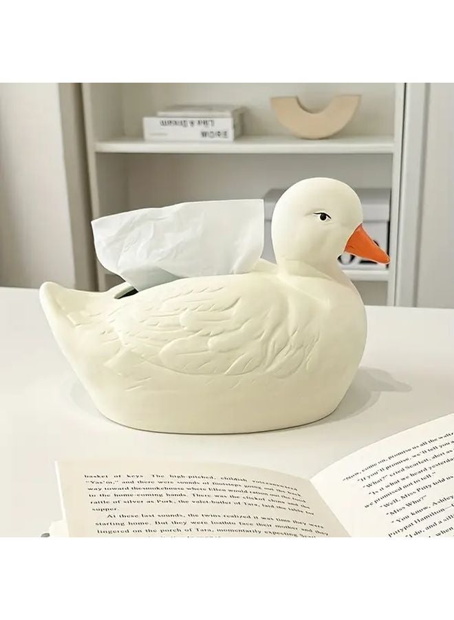 حامل علبة المناديل على شكل بطة لطيفة من الراتنج باللون الأبيض مع فم برتقالي لتزيين المنزل - Image 2